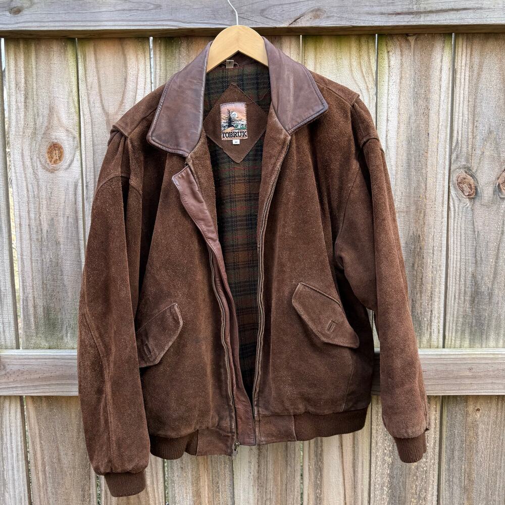 Vintage Suede Bomber Jacket Leather Collar Plaid Lining Brown Size M - Picture 3 of 10
